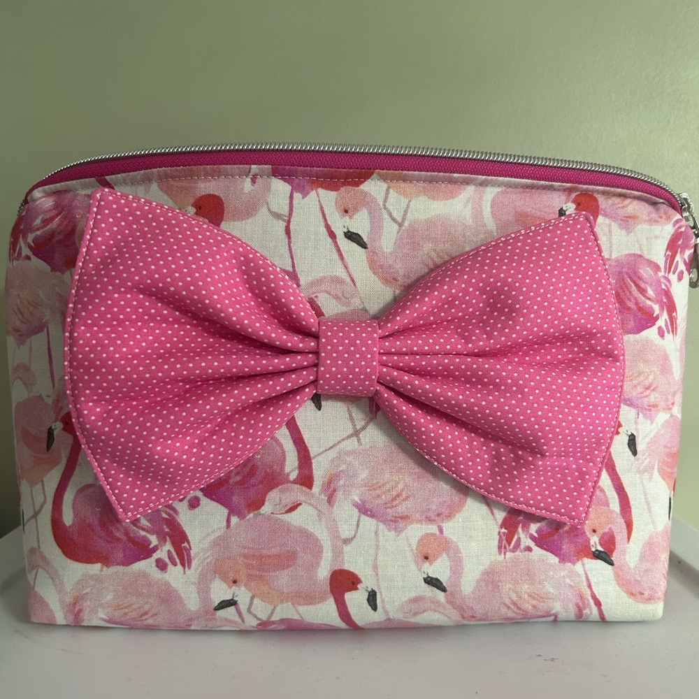 Flamingo Print Clutch/Cosmetic Bag with Pink Bow